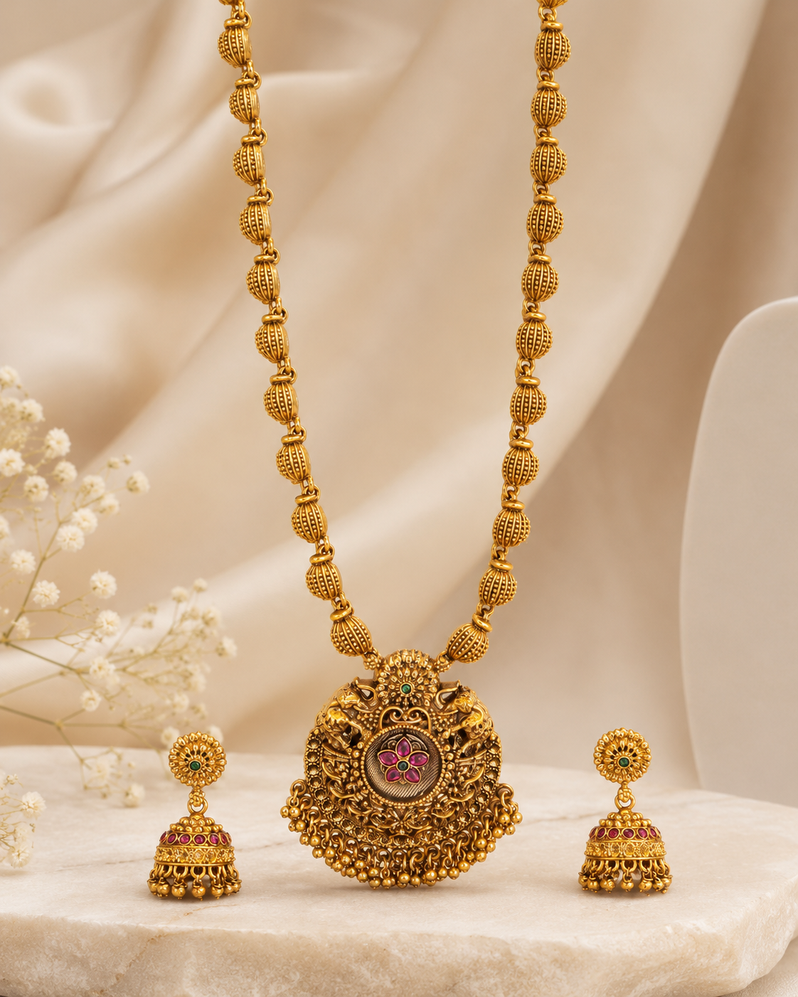 Antique Gold Ruby Long Haram with Twin Elephant Temple Pendant -Pattern 5 | Llabel
