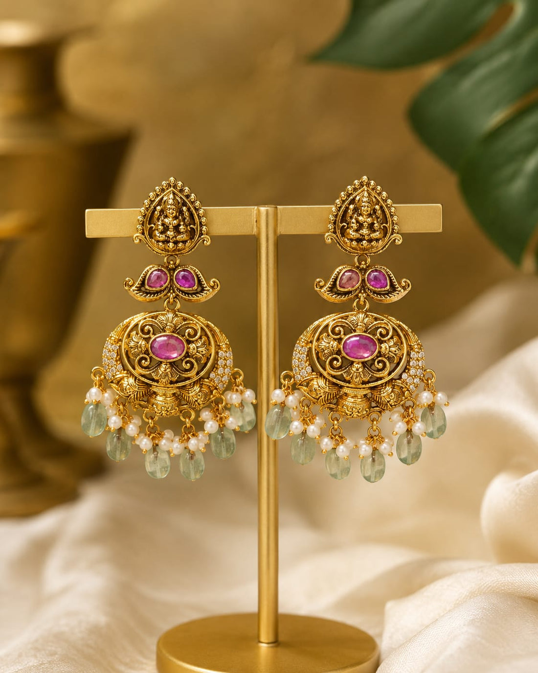 Antique Gold Lakshmi Temple Chandbali Earrings with Ruby & Pearl | OL211