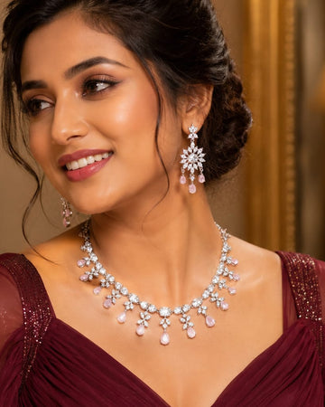 Silver CZ Marquise Floral Necklace Set with Rose Pink Drops | L9466