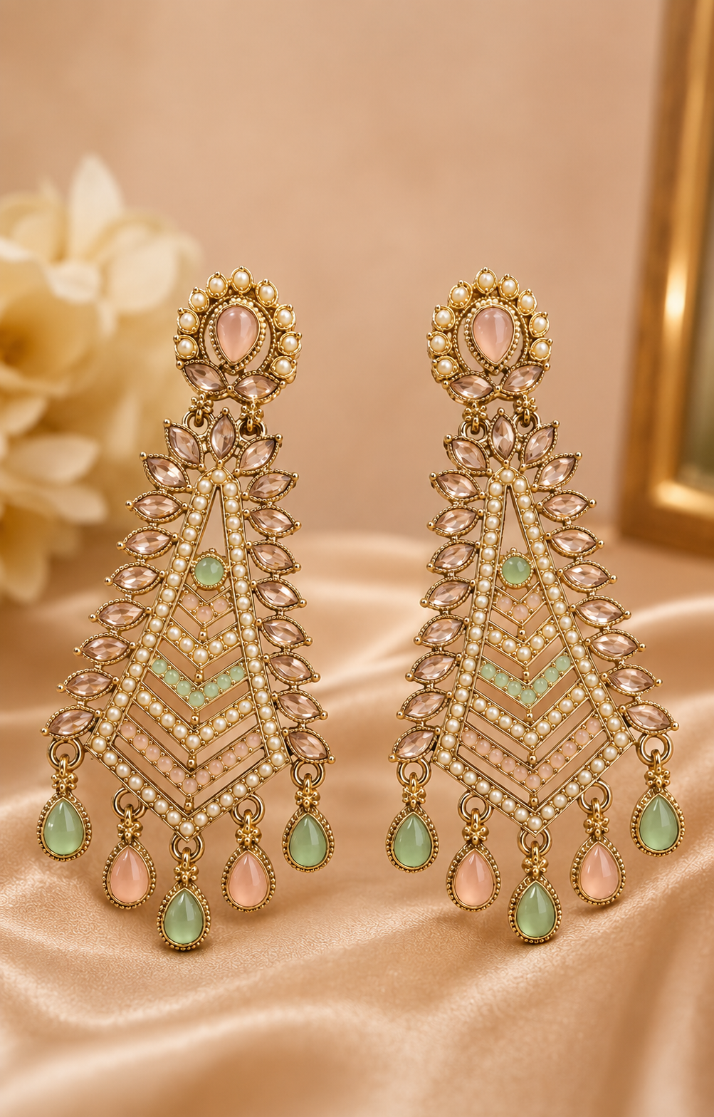 Gold Pastel Pink Chalcedony Chevron Tassel Earrings | OLT109