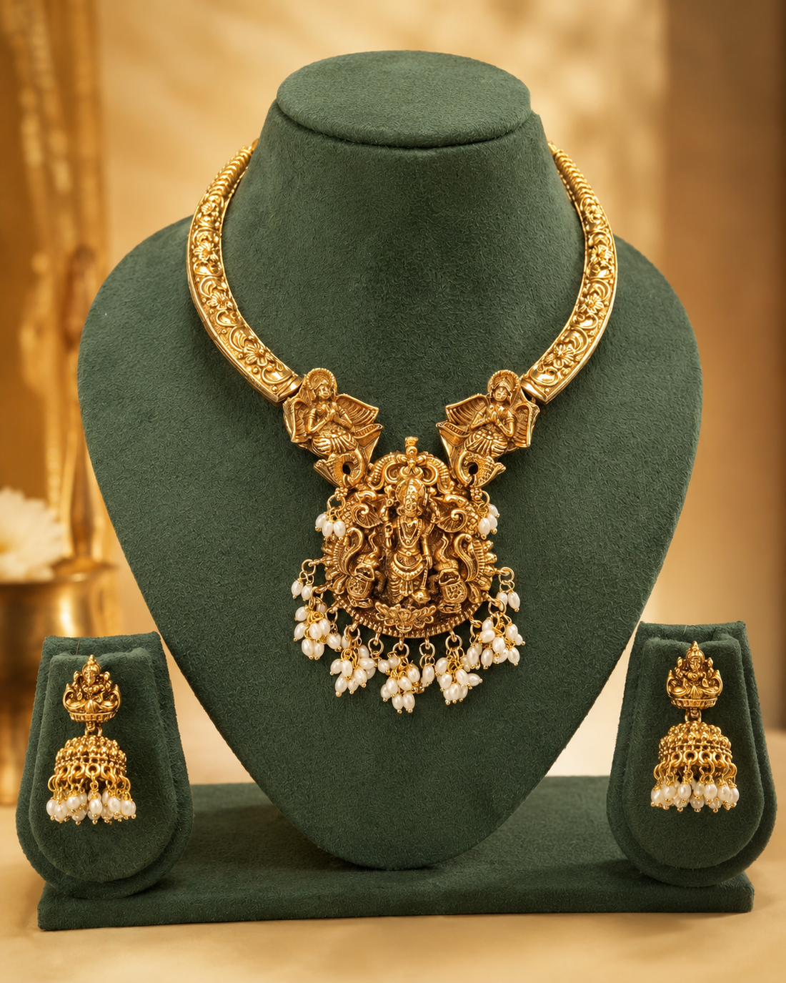 Antique Gold Navarasa Lakshmi Temple Torque Necklace Set with Pearls | OL158