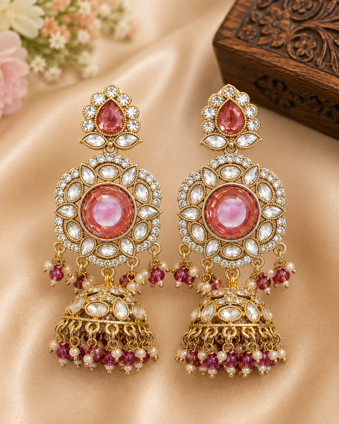 Gold Light Purple Wine Polki CZ Disc Jhumka Earrings with Pearl Drops | OLT105