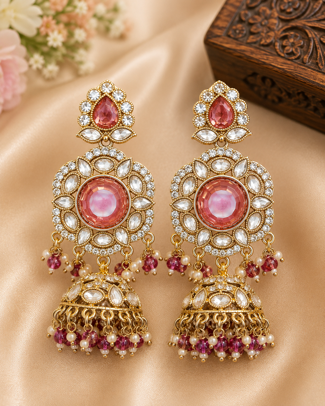 Gold Light Purple Wine Polki CZ Disc Jhumka Earrings with Pearl Drops | OLT105