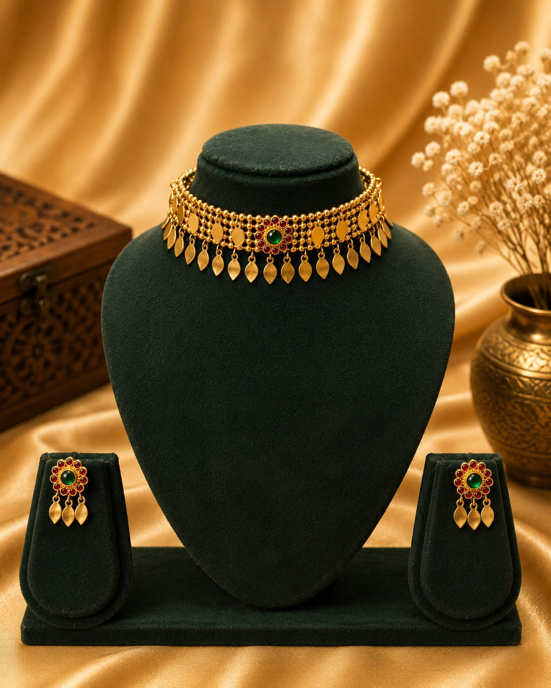 Antique Gold Ruby Emerald Leaf Fringe Choker Necklace Set | OL226