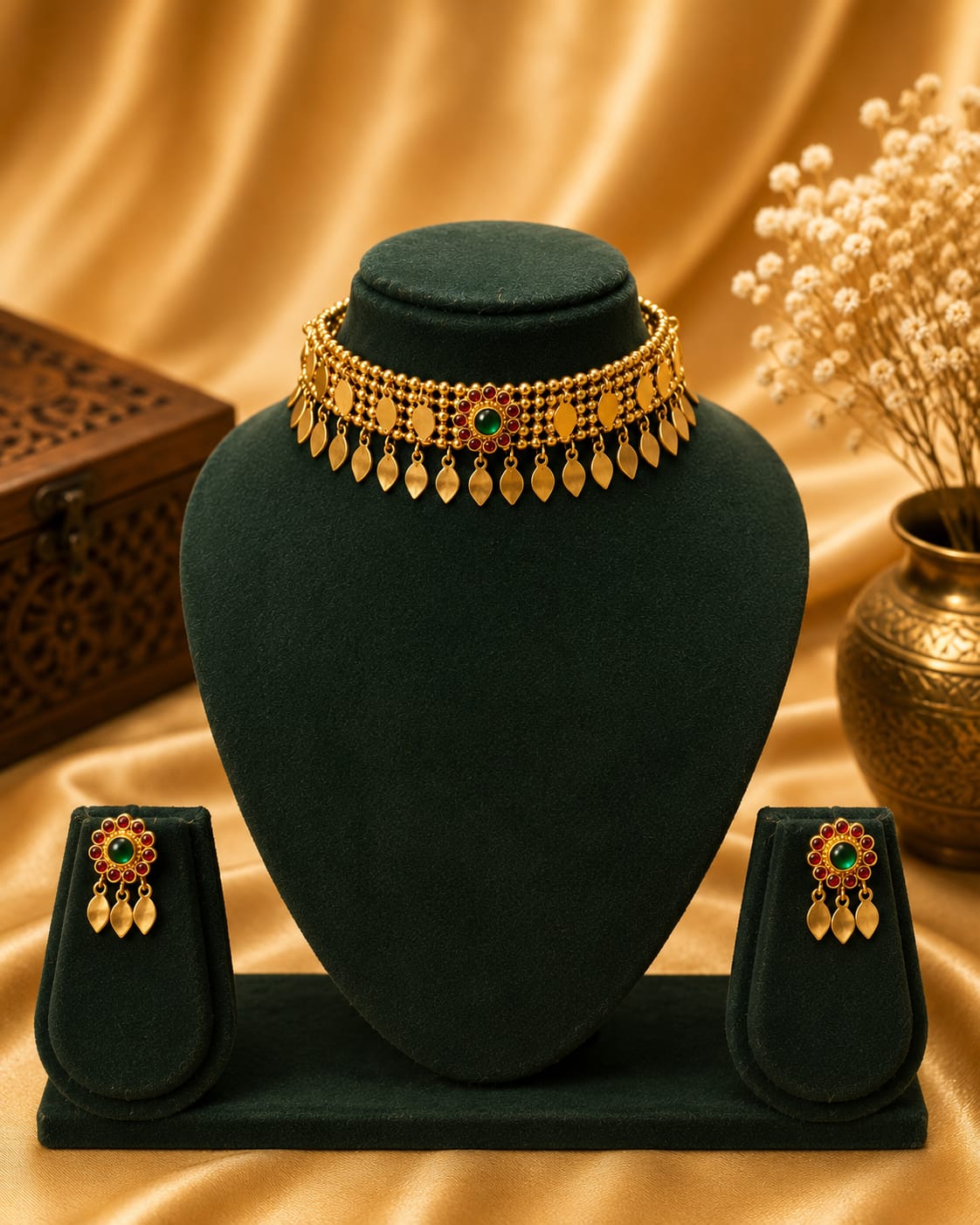 Antique Gold Ruby Emerald Leaf Fringe Choker Necklace Set | OL226