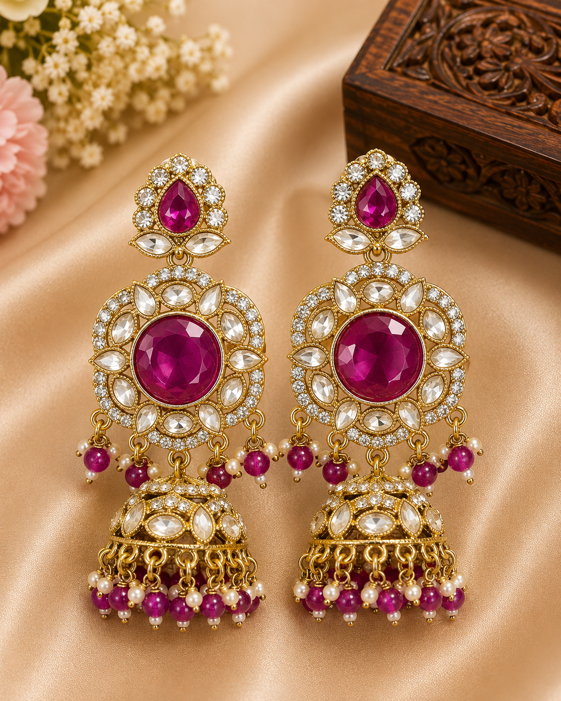 Gold Light Purple Wine Polki CZ Disc Jhumka Earrings with Pearl Drops | OLT105