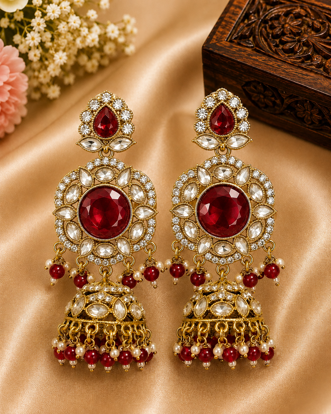 Gold Light Purple Wine Polki CZ Disc Jhumka Earrings with Pearl Drops | OLT105