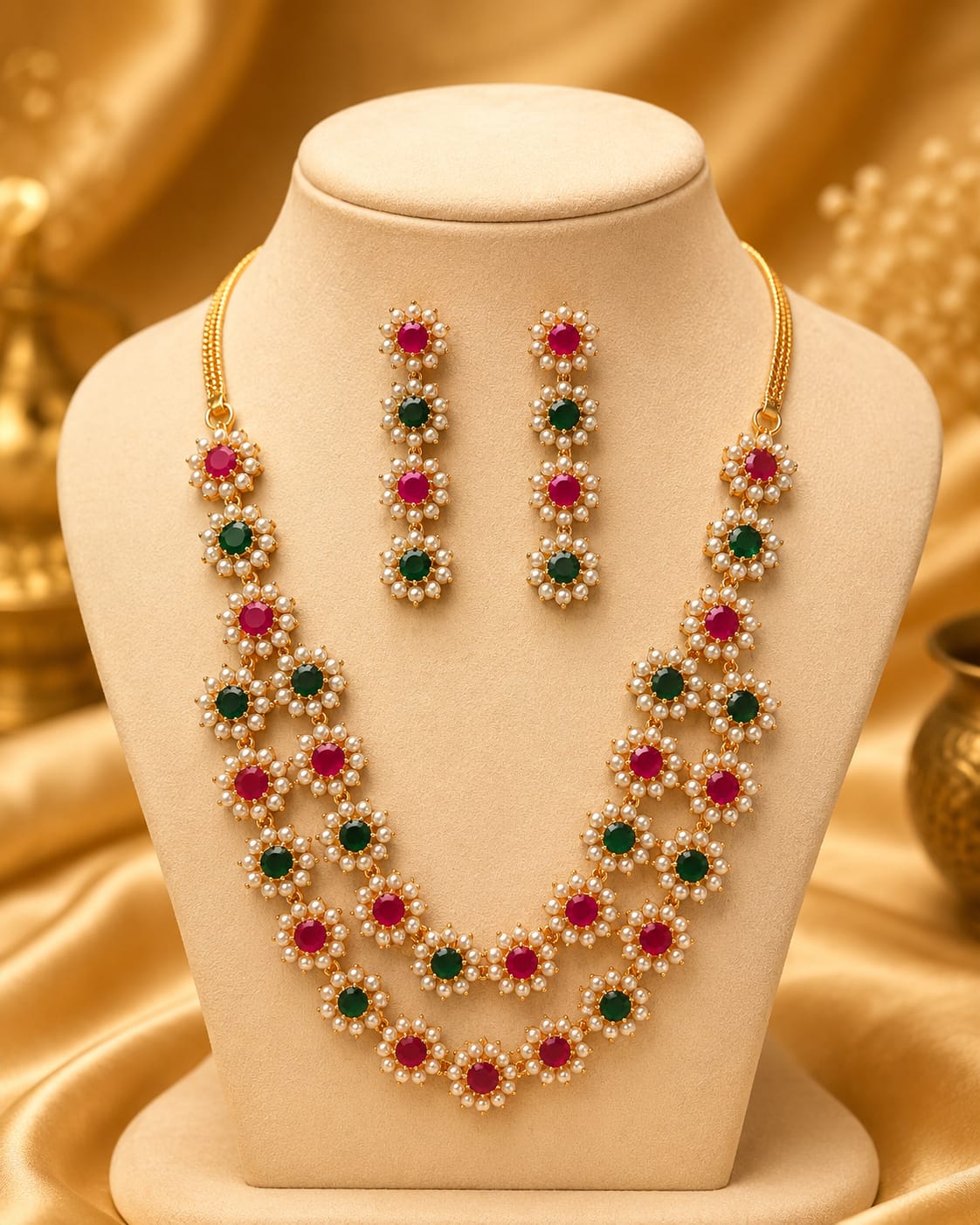 Double Strand Gold Ruby Emerald Pearl Flower Necklace Set | L11191