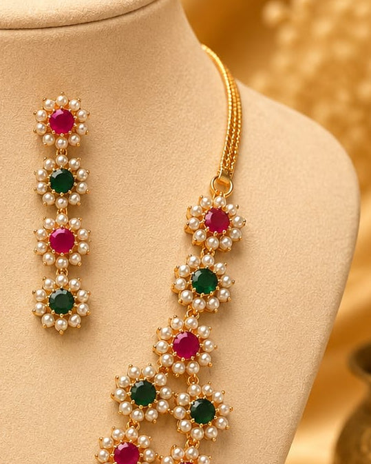 Double Strand Gold Ruby Emerald Pearl Flower Necklace Set | L11191