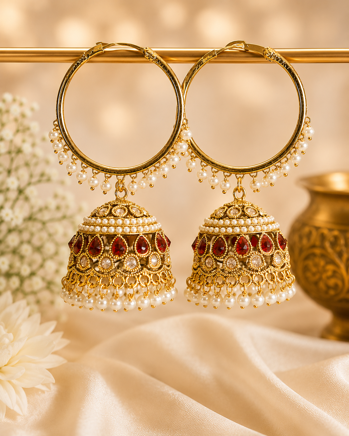 Gold Ruby Teardrop Filigree Large Hoop Jhumka Earrings | OLT112
