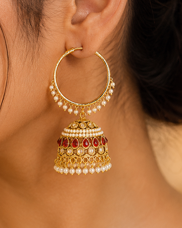 Gold Ruby Teardrop Filigree Large Hoop Jhumka Earrings | OLT112