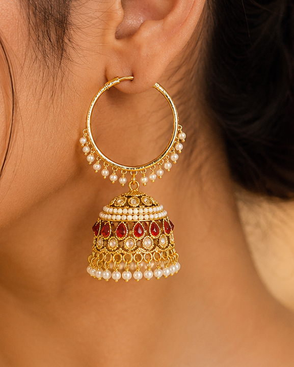 Gold Ruby Teardrop Filigree Large Hoop Jhumka Earrings | OLT112