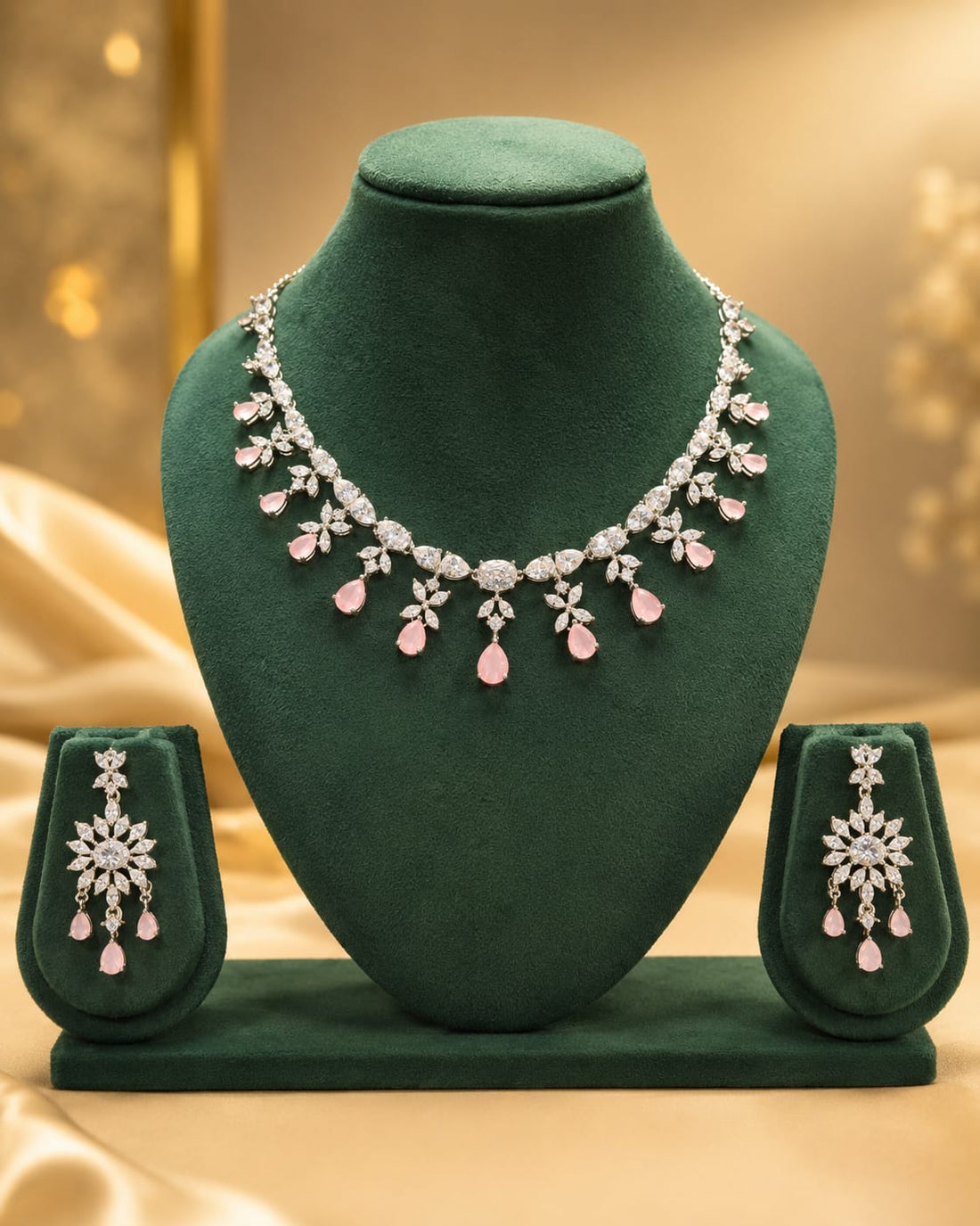 Silver CZ Marquise Floral Necklace Set with Rose Pink Drops | L9466