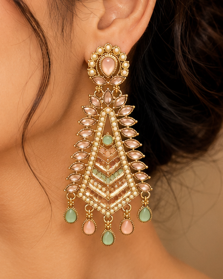 Gold Pastel Pink Chalcedony Chevron Tassel Earrings | OLT109