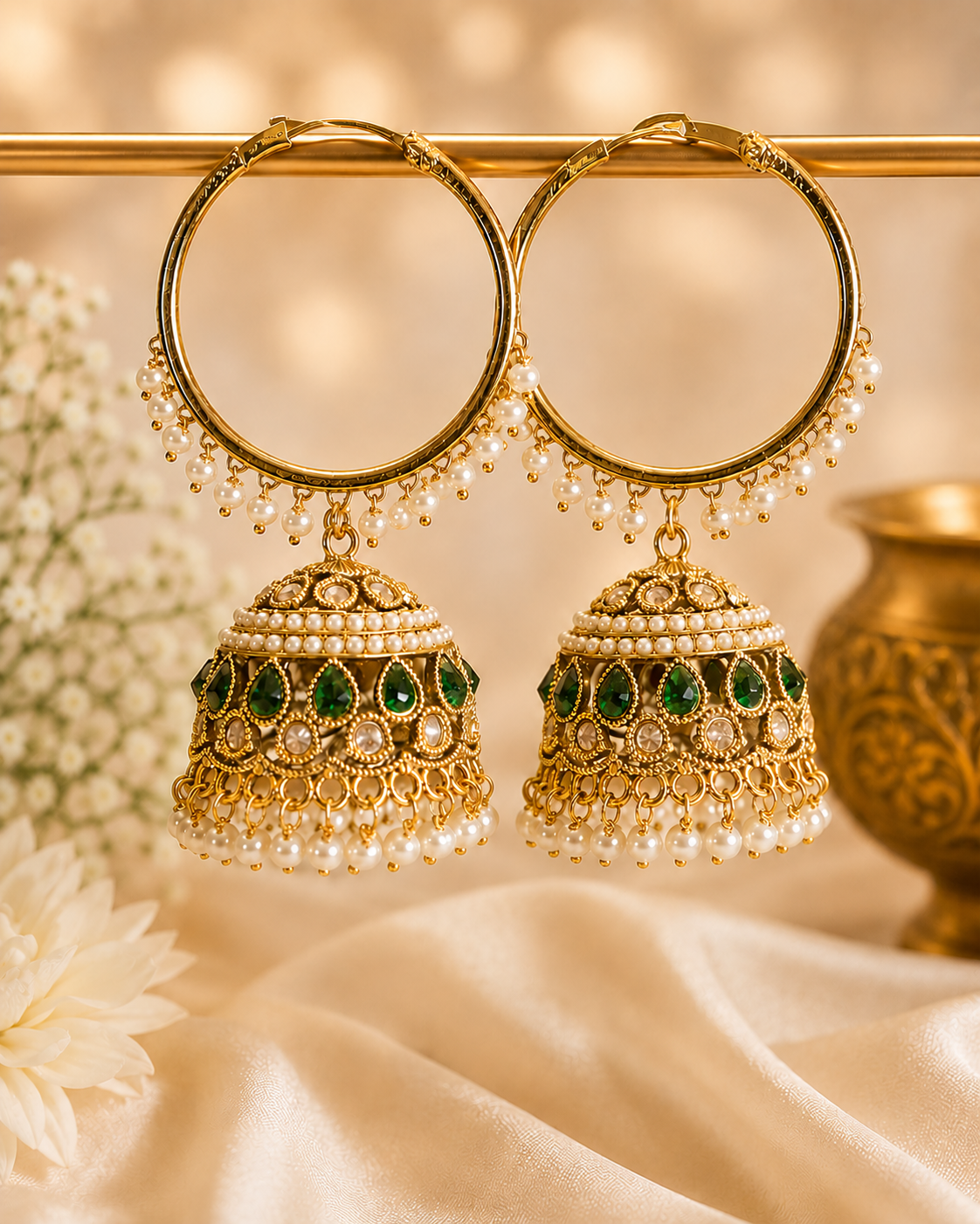 Gold Ruby Teardrop Filigree Large Hoop Jhumka Earrings | OLT112
