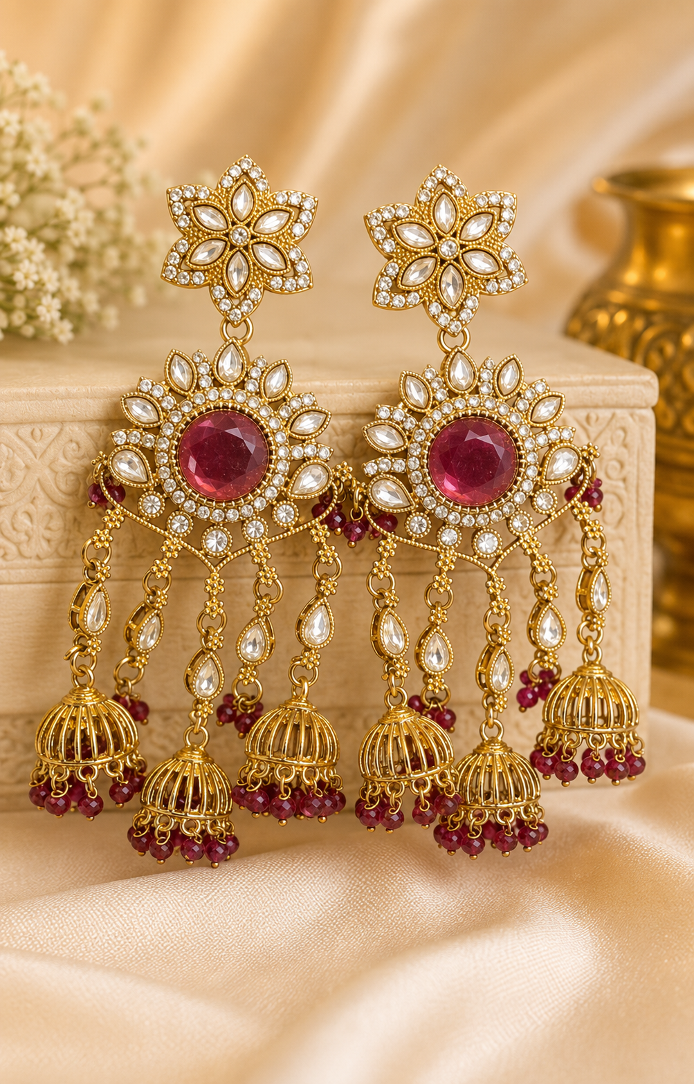 Gold Purple wine Polki CZ Floral Disc Triple Cage Jhumka Earrings | OLT103