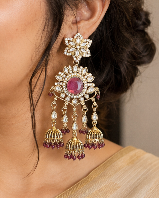 Gold Purple wine Polki CZ Floral Disc Triple Cage Jhumka Earrings | OLT103