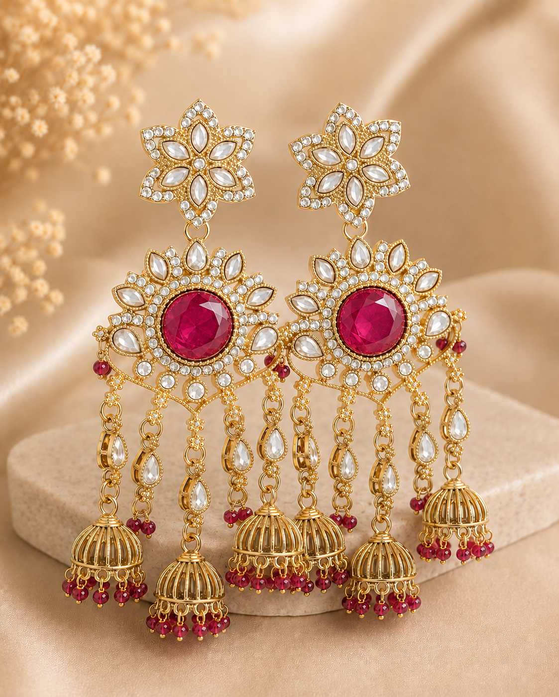 Gold Purple wine Polki CZ Floral Disc Triple Cage Jhumka Earrings | OLT103
