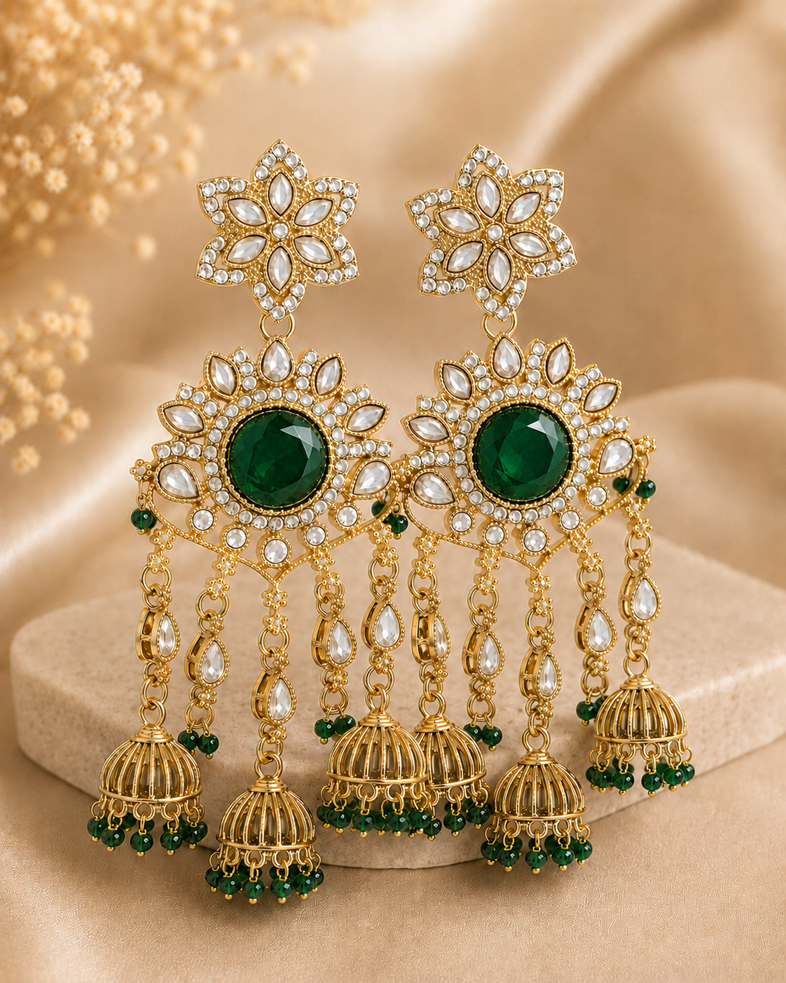 Gold Purple wine Polki CZ Floral Disc Triple Cage Jhumka Earrings | OLT103