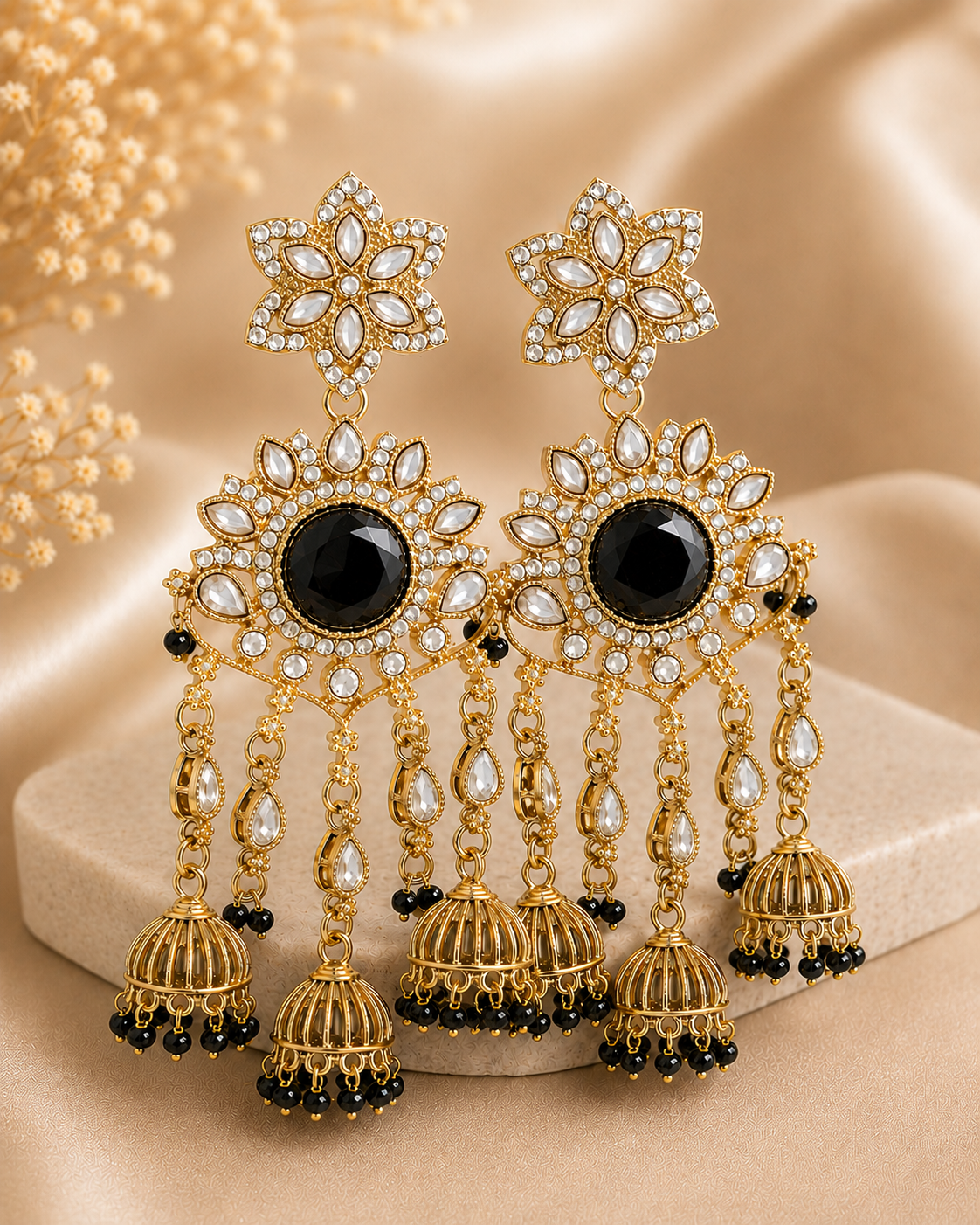 Gold Purple wine Polki CZ Floral Disc Triple Cage Jhumka Earrings | OLT103