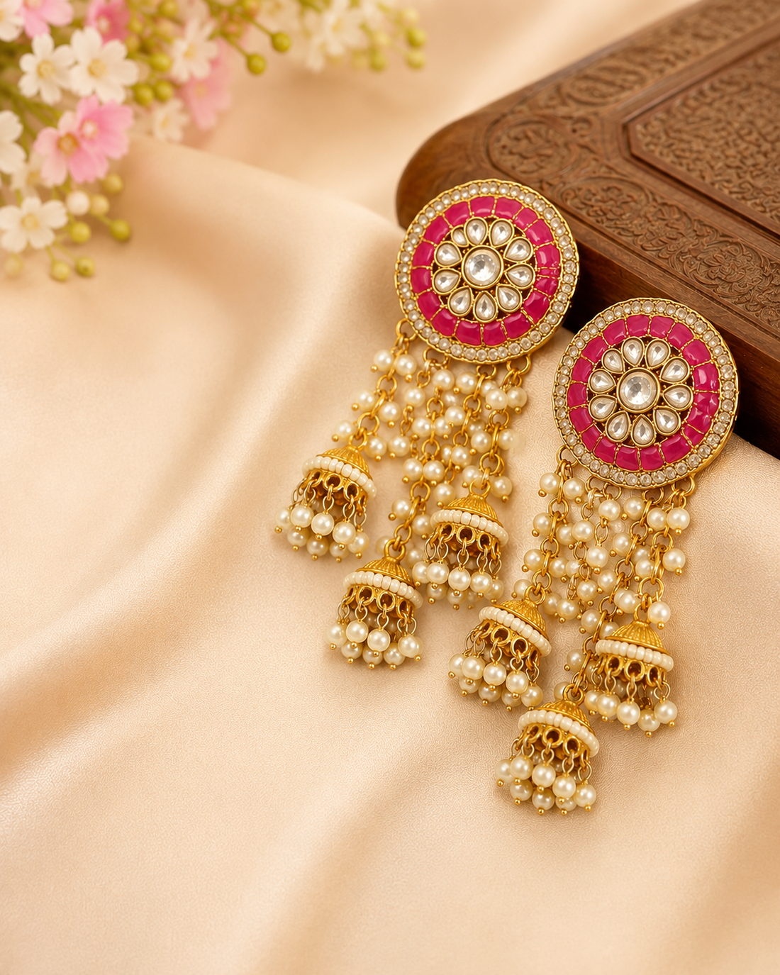 Gold Hot Pink Meenakari Round Disc Triple Cascade Jhumka Earrings | OLT133
