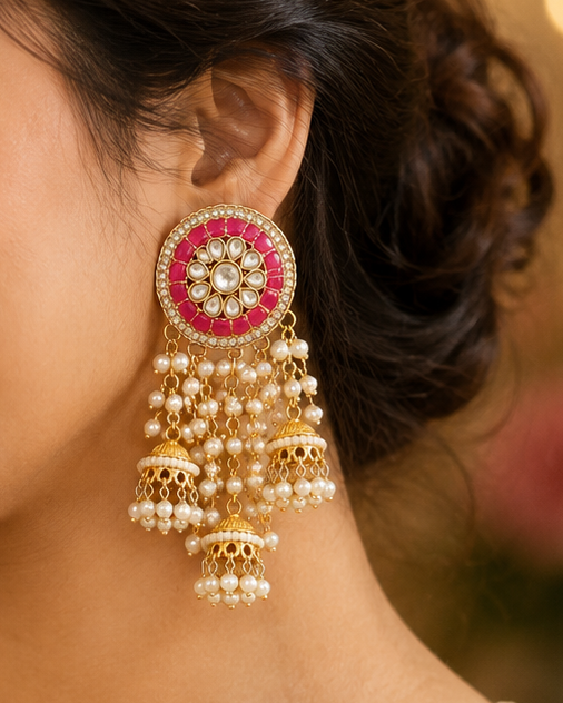 Gold Hot Pink Meenakari Round Disc Triple Cascade Jhumka Earrings | OLT133