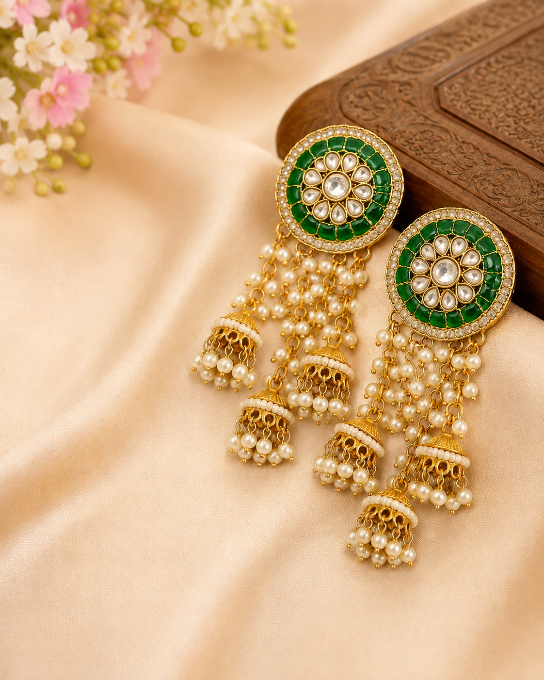 Gold Hot Pink Meenakari Round Disc Triple Cascade Jhumka Earrings | OLT133