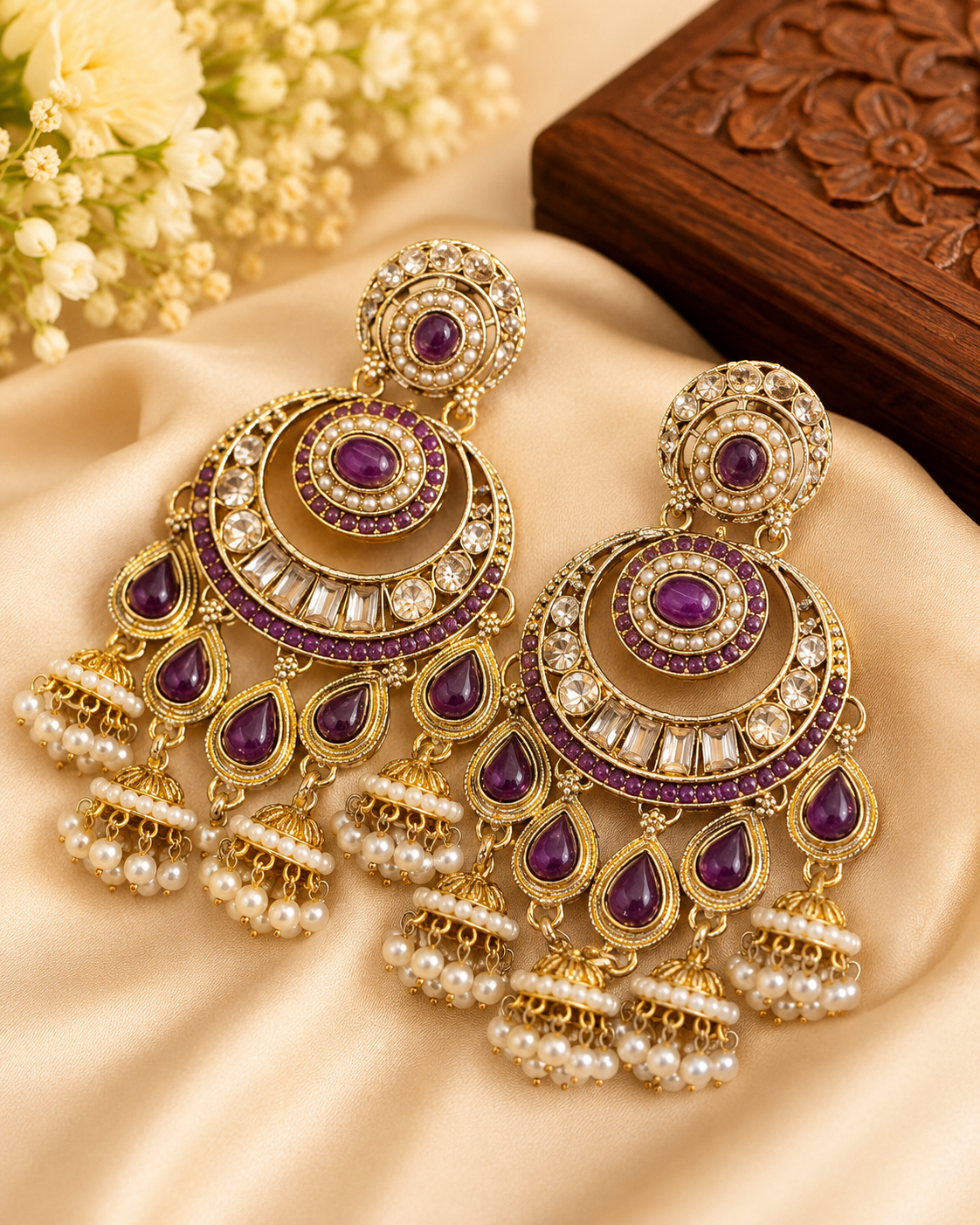 Gold Amethyst Purple Double Disc Chandbali Jhumka Earrings | OLT126