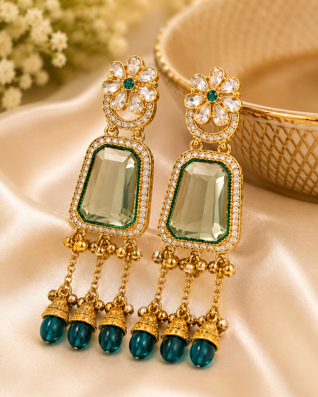 Gold Teal Green Emerald-Cut CZ Polki Daisy Tassel Earrings | OLT124