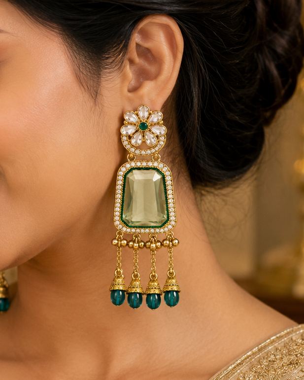Gold Teal Green Emerald-Cut CZ Polki Daisy Tassel Earrings | OLT124