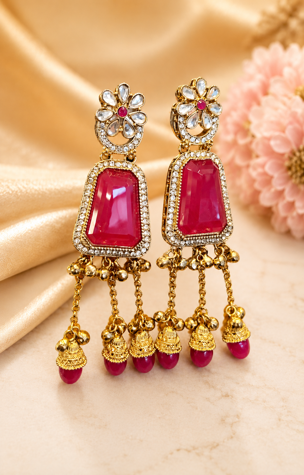 Gold Teal Green Emerald-Cut CZ Polki Daisy Tassel Earrings | OLT124