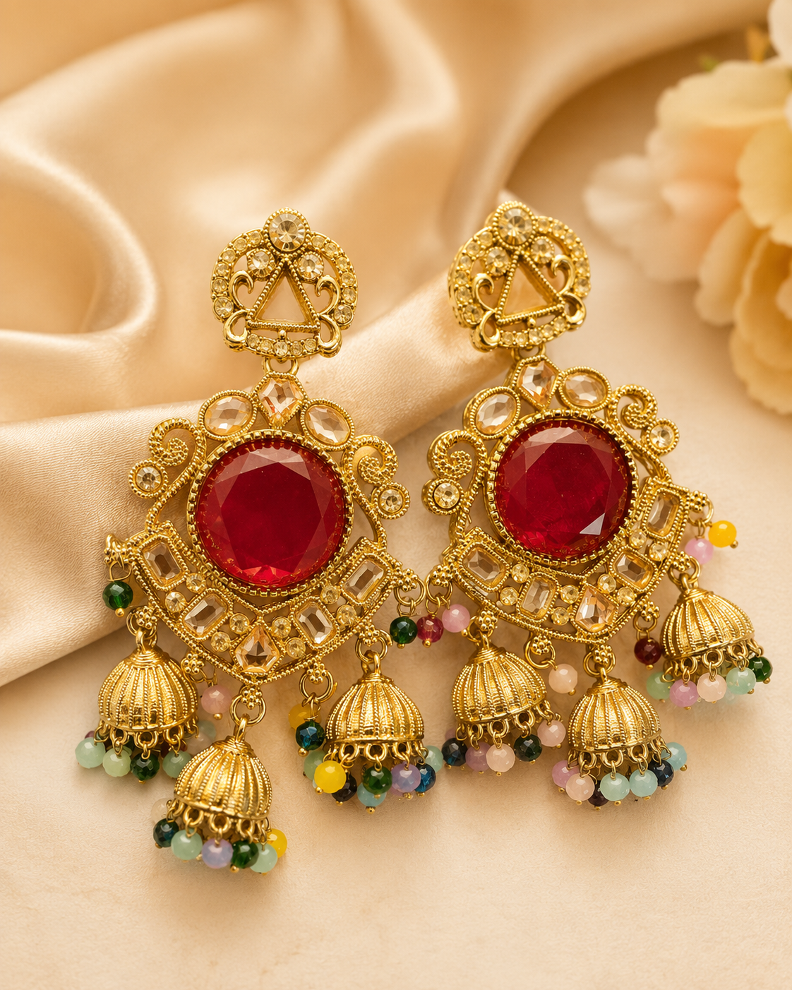 Gold Ruby Round Polki CZ Filigree Triple Jhumka Earrings | OLT119