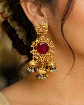 Gold Ruby Round Polki CZ Filigree Triple Jhumka Earrings | OLT119