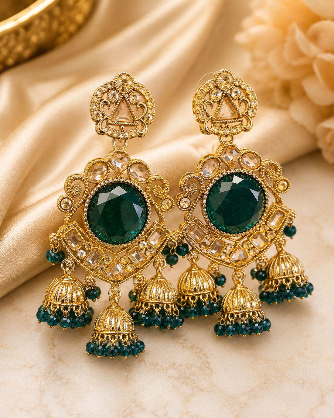 Gold Ruby Round Polki CZ Filigree Triple Jhumka Earrings | OLT119