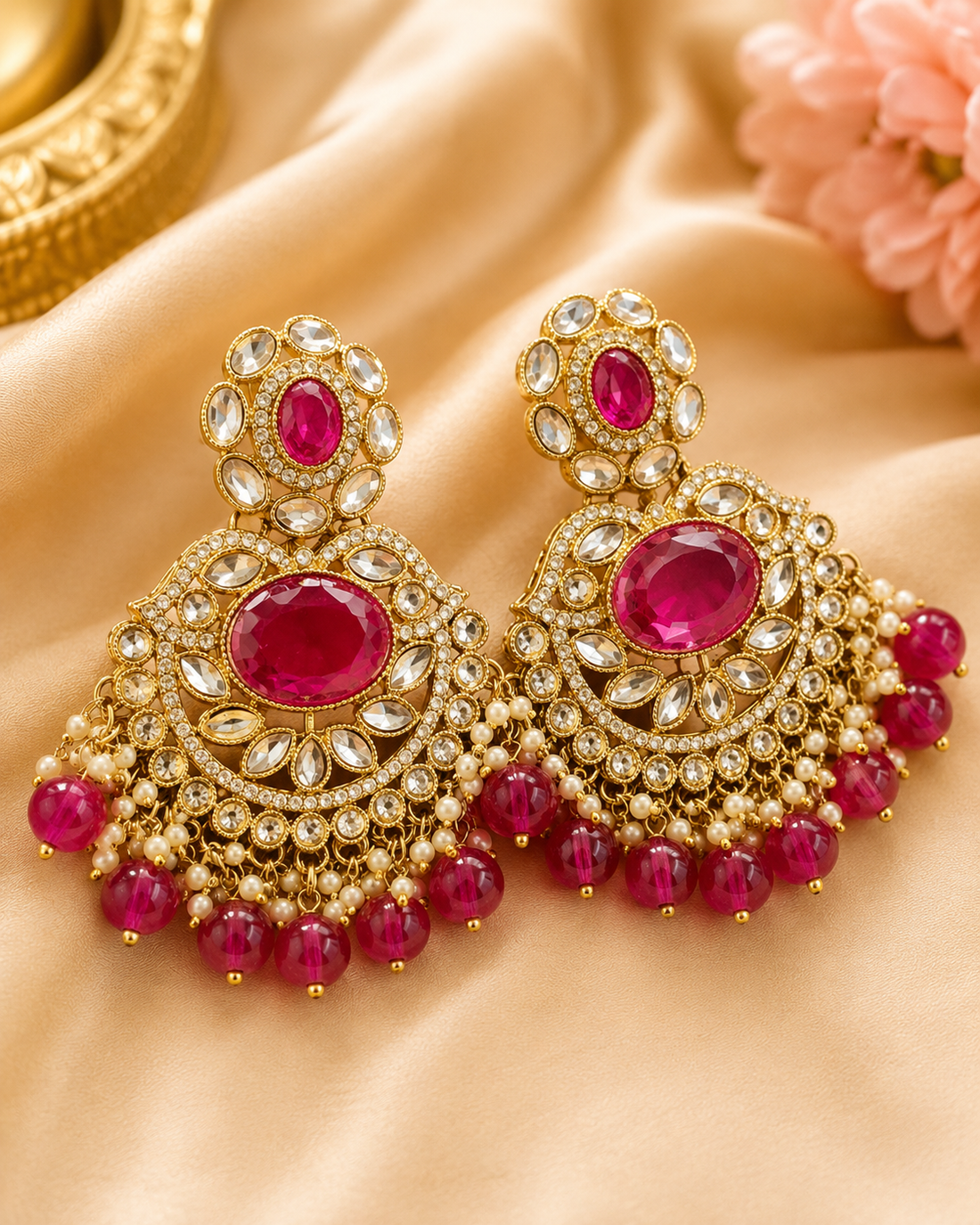 Gold Hot Pink Oval Ruby Polki CZ Large Chandbali Earrings | OLT125