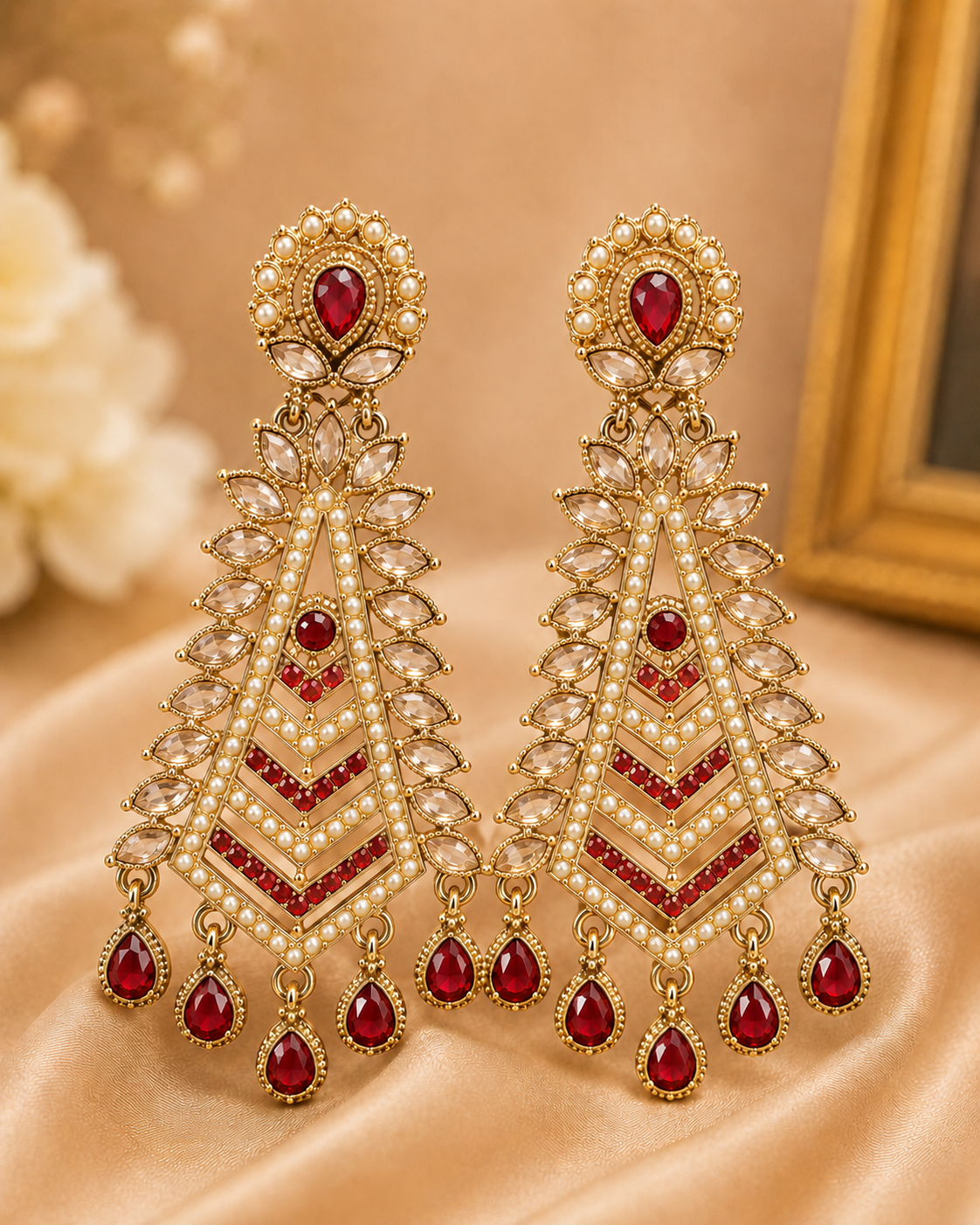Gold Pastel Pink Chalcedony Chevron Tassel Earrings | OLT109