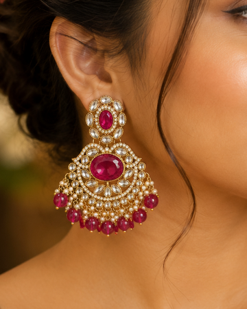Gold Hot Pink Oval Ruby Polki CZ Large Chandbali Earrings | OLT125