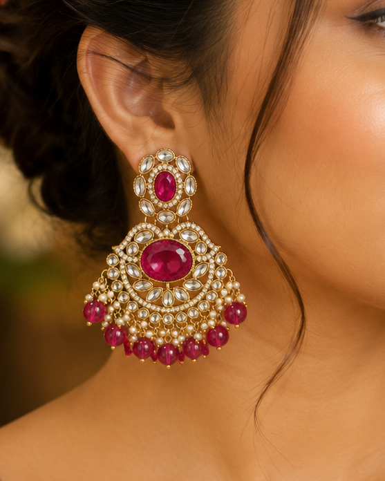 Gold Hot Pink Oval Ruby Polki CZ Large Chandbali Earrings | OLT125