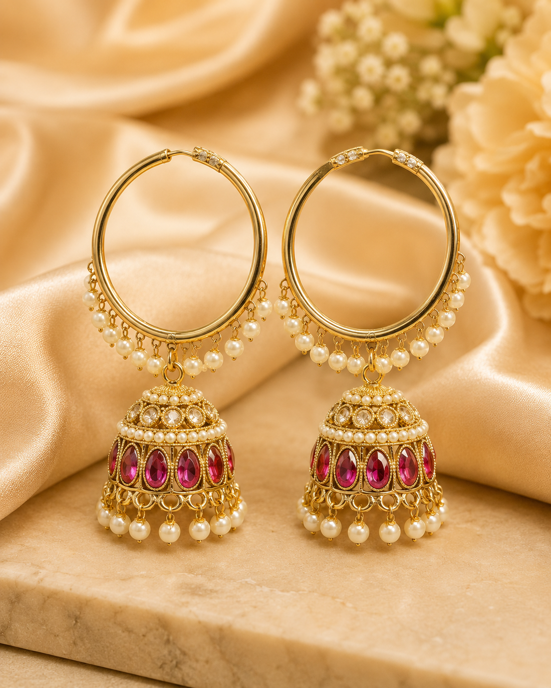 Gold Ruby Oval Polki CZ Large Hoop Jhumka Earrings | OLT131