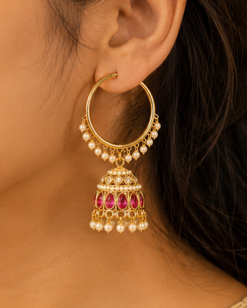 Gold Ruby Oval Polki CZ Large Hoop Jhumka Earrings | OLT131