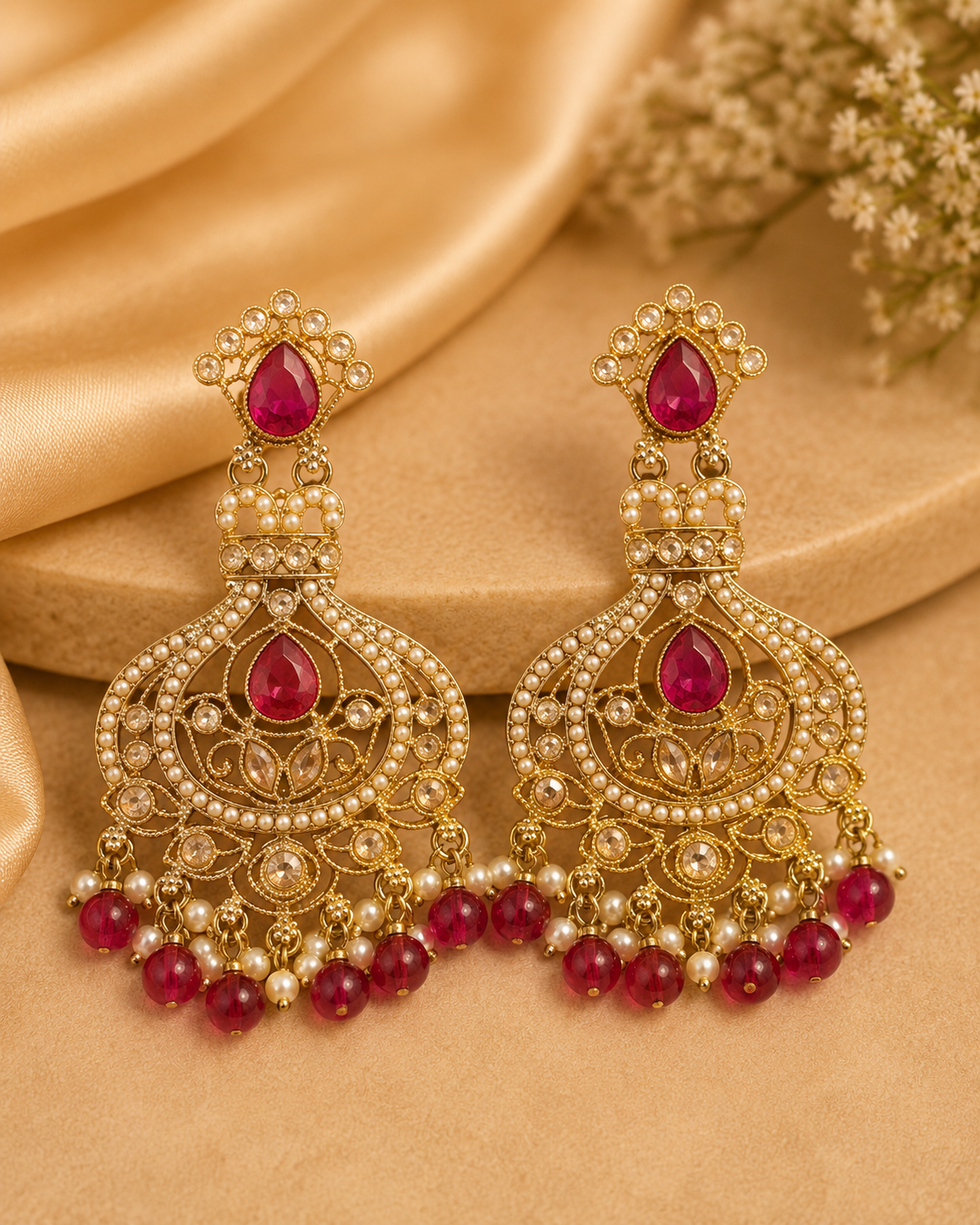 Gold Ruby Teardrop Nakshi Filigree Chandbali Earrings | OLT132