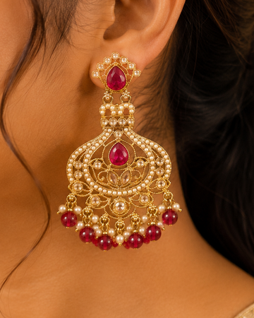 Gold Ruby Teardrop Nakshi Filigree Chandbali Earrings | OLT132