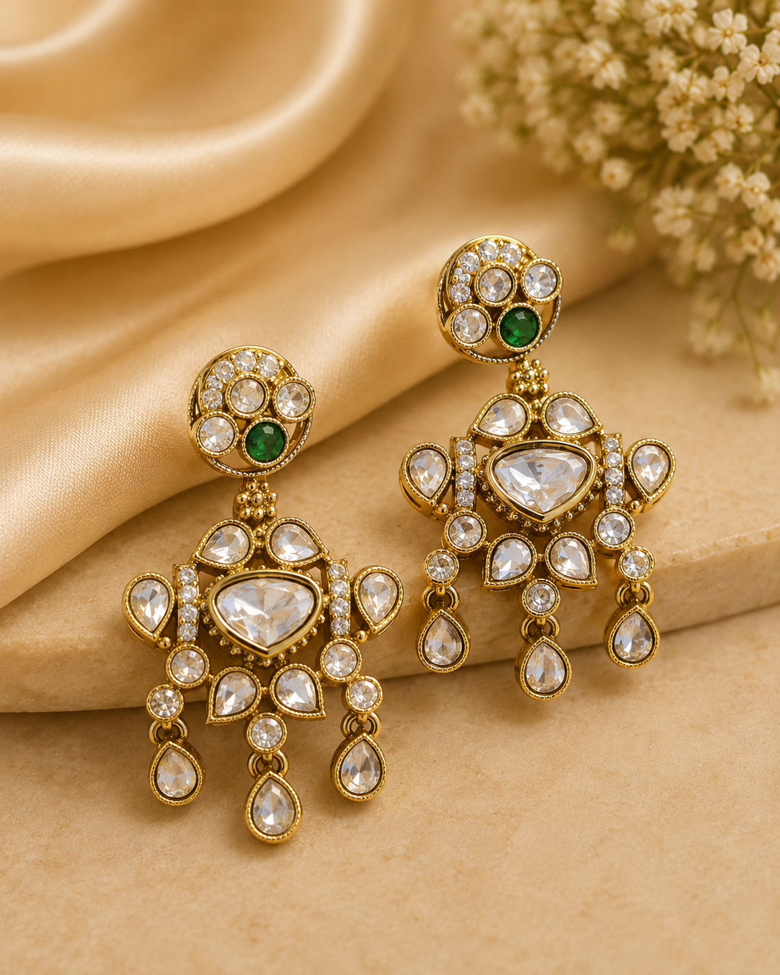 Gold Uncut Polki CZ Emerald Cluster Drop Earrings | OLT134