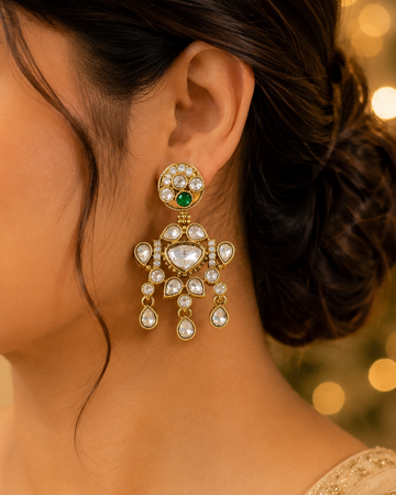 Gold Uncut Polki CZ Emerald Cluster Drop Earrings | OLT134