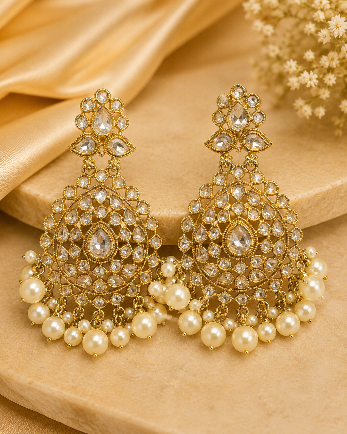 Gold Large Uncut Polki CZ Diamond Chandbali Earrings | OLT130