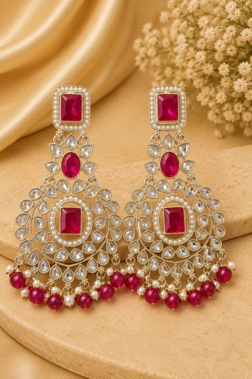 Gold Ruby -Cut Oval Polki CZ Large Chandbali Earrings | OLT127