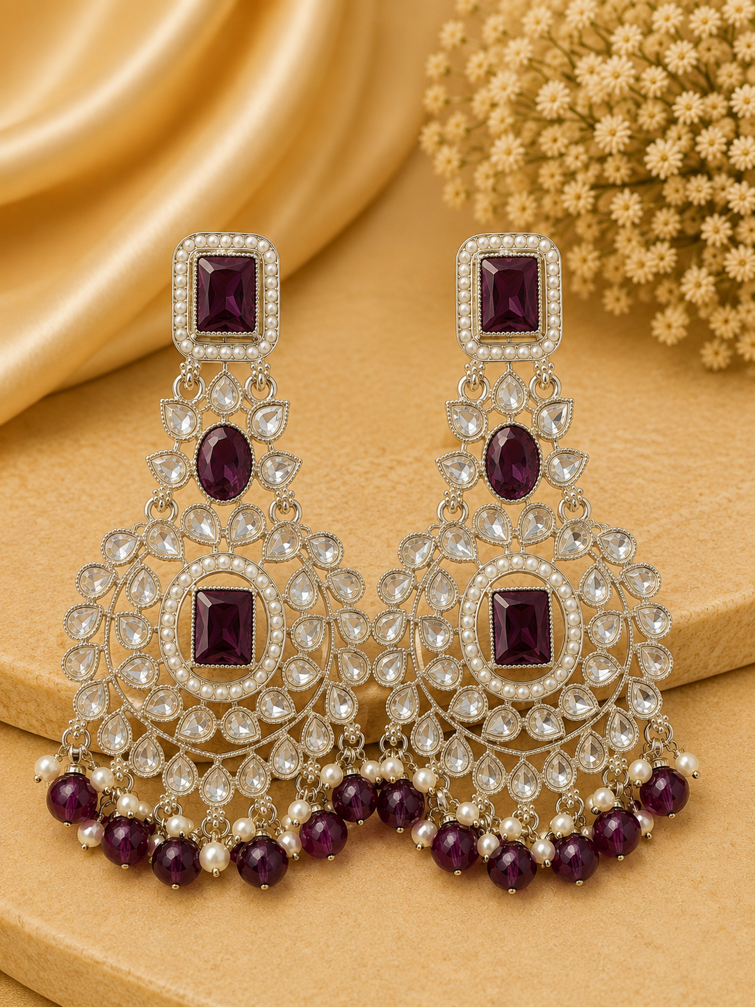Gold Ruby -Cut Oval Polki CZ Large Chandbali Earrings | OLT127