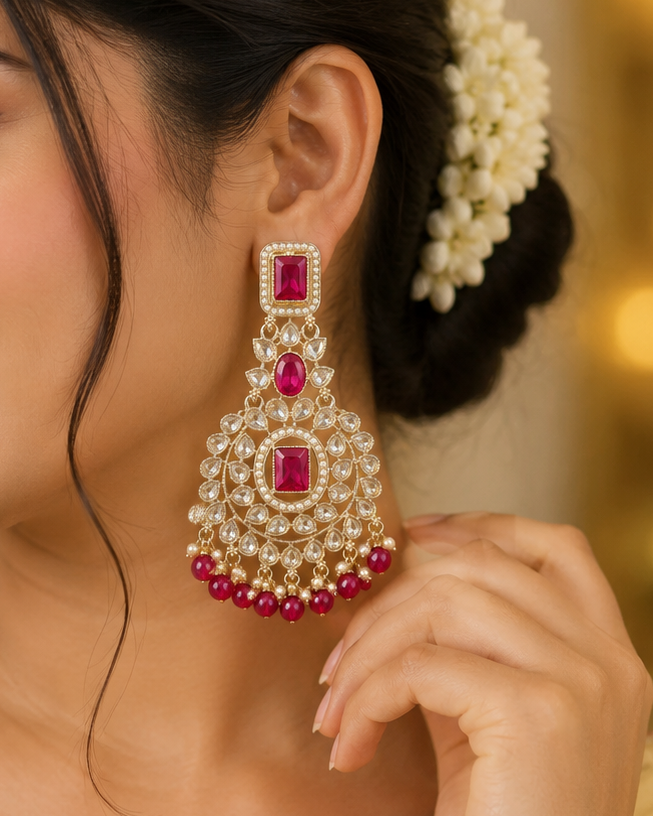 Gold Ruby -Cut Oval Polki CZ Large Chandbali Earrings | OLT127