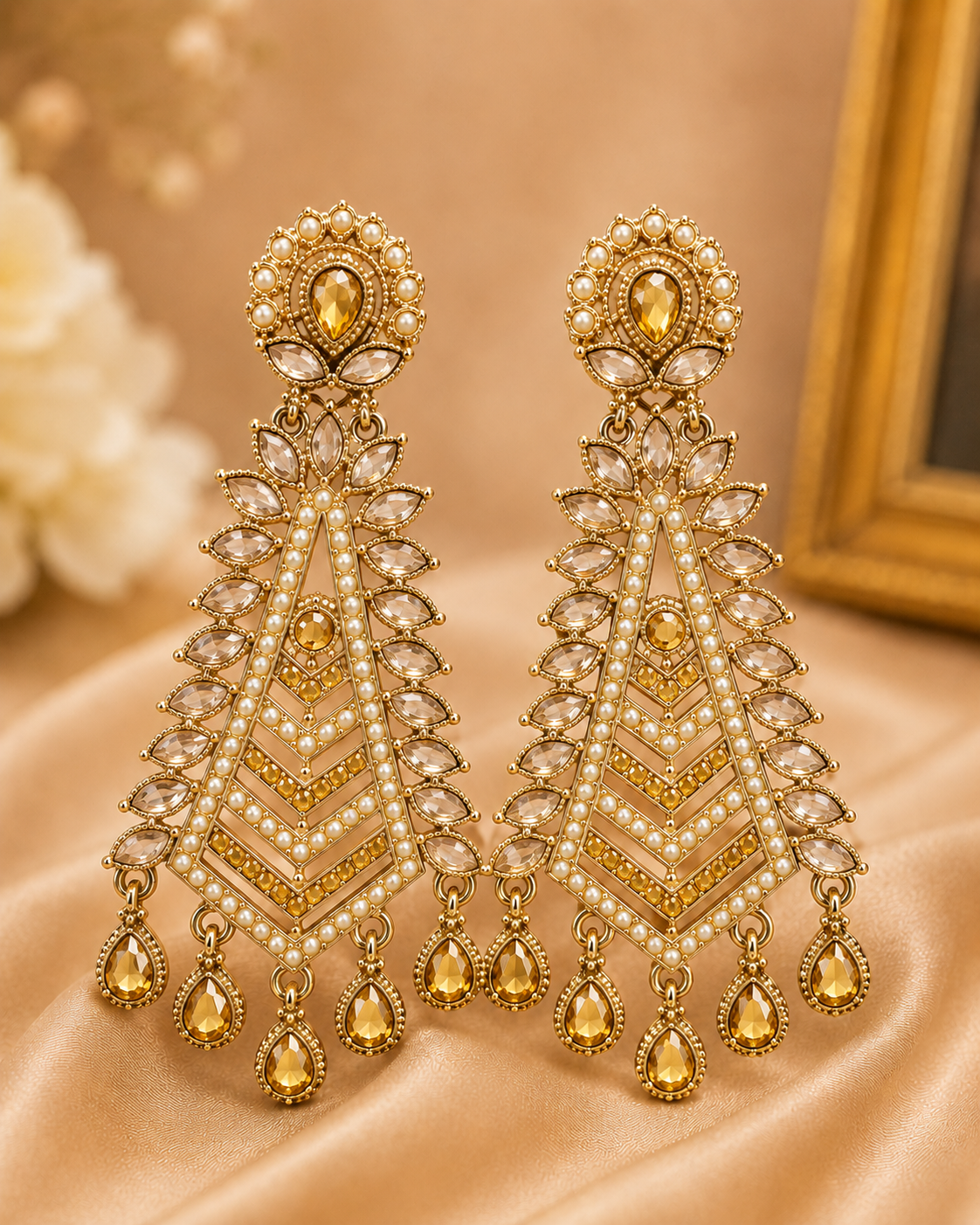 Gold Pastel Pink Chalcedony Chevron Tassel Earrings | OLT109