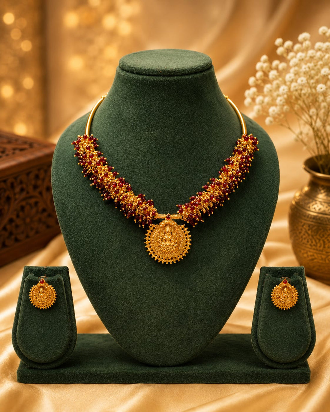 Antique Gold Lakshmi Pendant Ruby Bead Cluster Necklace Set | OL204